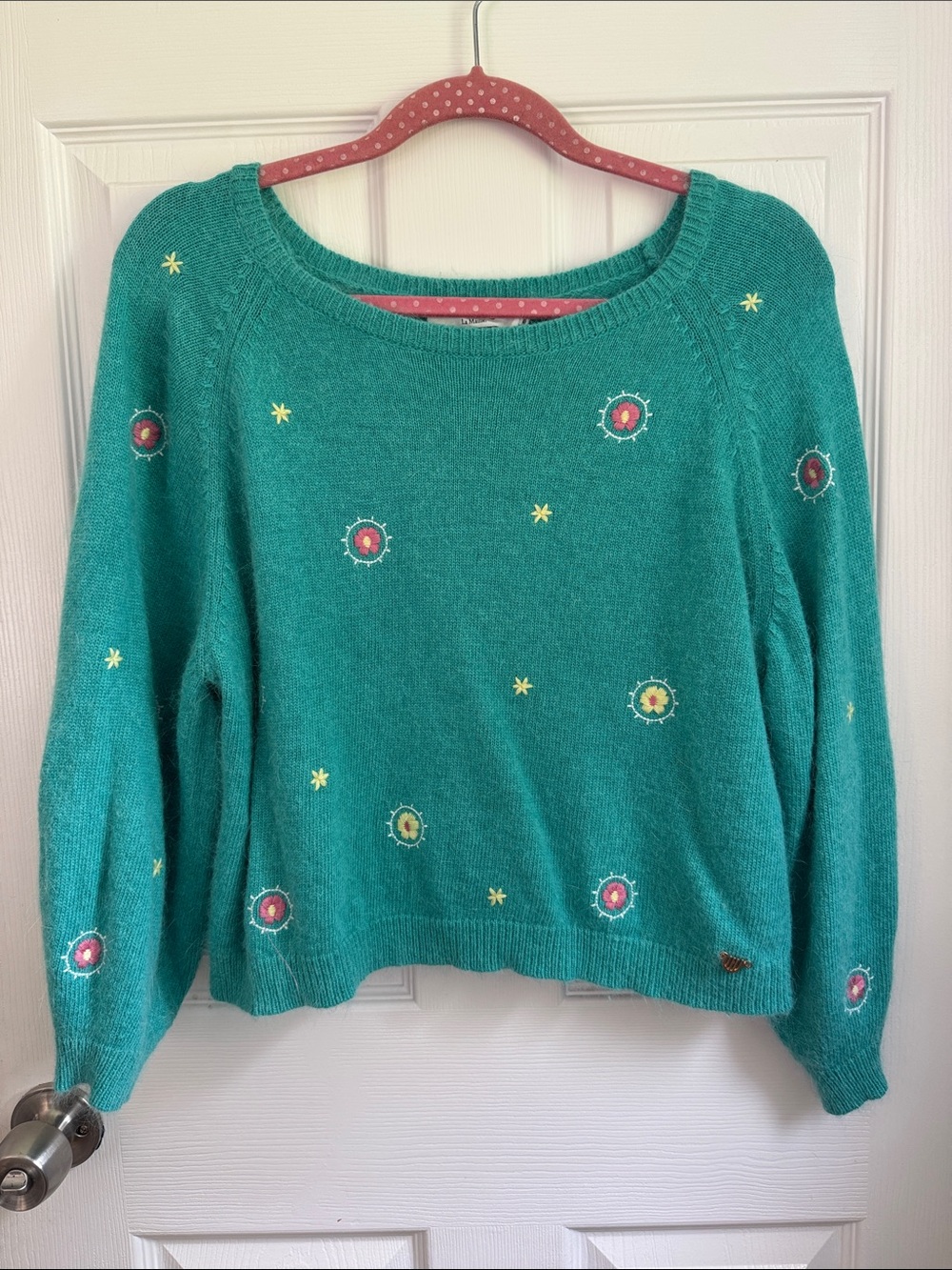 Paris, France, Embroidered Floral Teal Sweater - Lightweight Knit